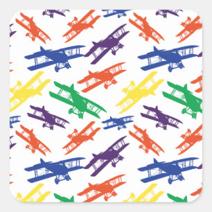 Adesivo Quadrado Padrão de avião de Biplano de cores primárias