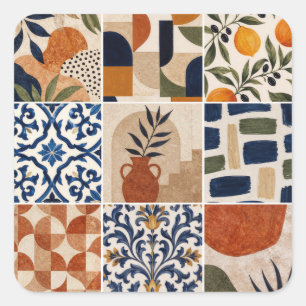 Adesivo Quadrado Padrão de Azulejo Boho Mediterrâneo