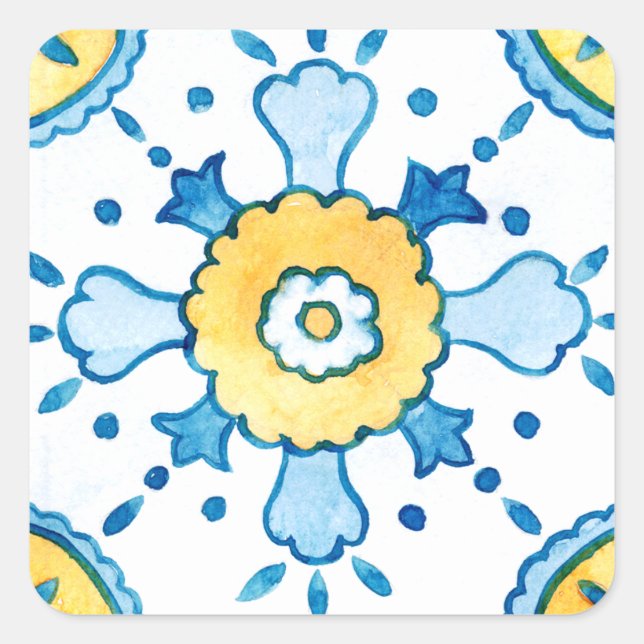 Adesivo Quadrado Padrão de Azulejo de Azul e Amarelo marroquino (Frente)