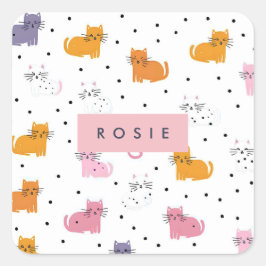 Adesivo Quadrado Padrão de Cat Playful Personalizado com Bolinhas