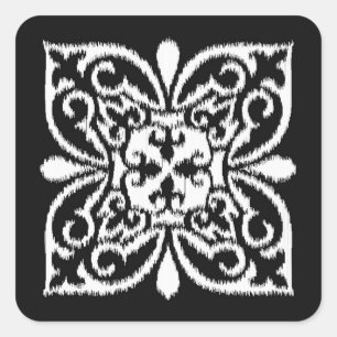 Adesivo Quadrado Padrão de damasco Ikat - branco e preto