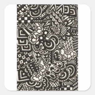 Adesivo Quadrado Padrão de desenho rabiscado preto e branco Monoc