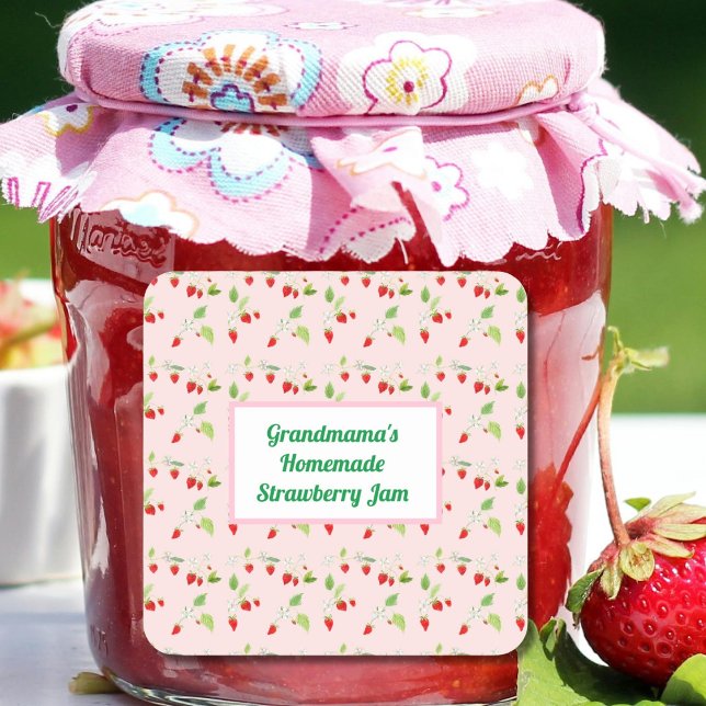 Adesivo Quadrado Padrão de Flor de Morango Personalizado Geleia (Criador carregado)