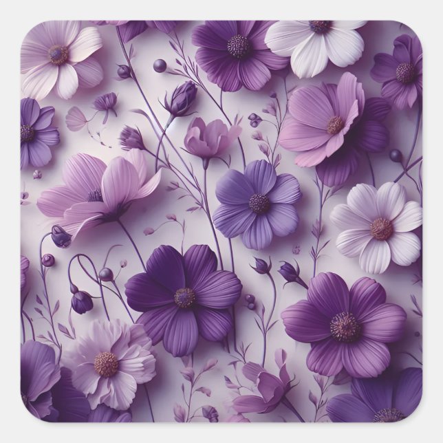 Adesivo Quadrado Padrão de Flor Roxo em um Fundo Branco (Frente)