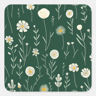 Adesivo Quadrado Padrão de Flor Silvestre Elegante em Verde Escuro