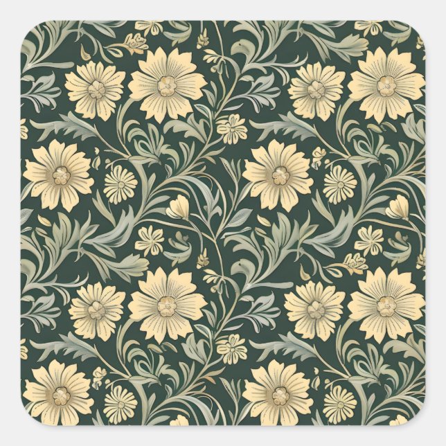 Adesivo Quadrado Padrão de flores amarelas estilizadas em verde esc (Frente)