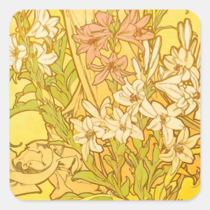 Adesivo Quadrado Padrão de Flores de Lírio de Alphonse Mucha: Art N