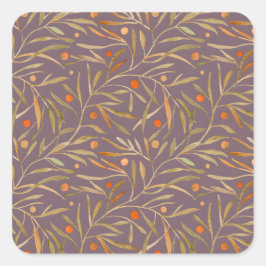 Adesivo Quadrado Padrão de Folha de Aquarela Elegante Fundo Roxo