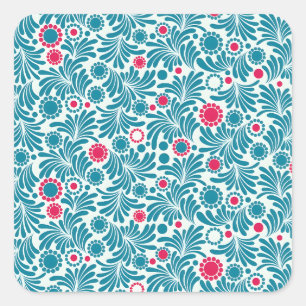 Adesivo Quadrado Padrão de Folhagem Azul-turquesa e Magenta Elegant