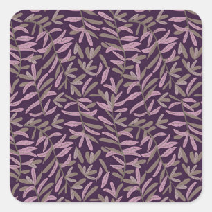 Adesivo Quadrado Padrão de Folhas Rosa e Verde sobre Fundo Roxo Esc