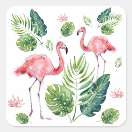 Adesivo Quadrado Padrão de Folhas Tropicais de Flamingo Rosa E