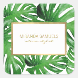 Adesivo Quadrado Padrão de Folhas Tropicais de Monstera em Aquarela