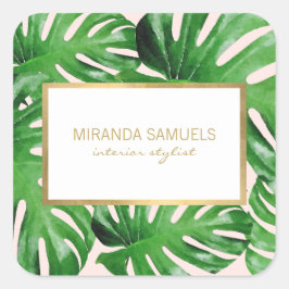 Adesivo Quadrado Padrão de Folhas Tropicais de Monstera em Aquarela