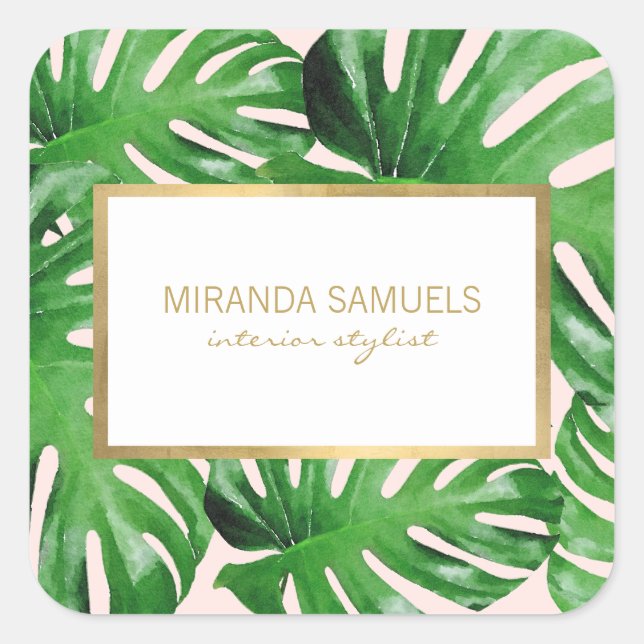 Adesivo Quadrado Padrão de Folhas Tropicais de Monstera em Aquarela (Frente)