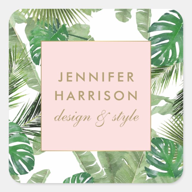 Adesivo Quadrado Padrão de Folhas Tropicais em Aquarela (Frente)