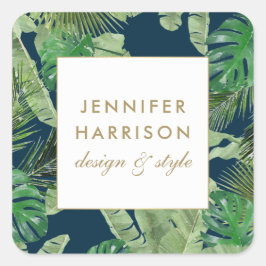 Adesivo Quadrado Padrão de Folhas Tropicais em Aquarela sobre Azul