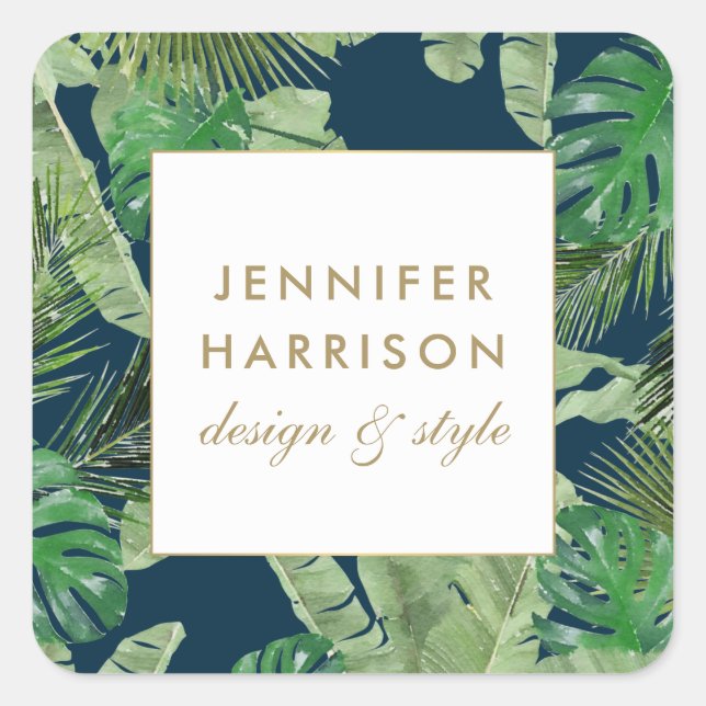 Adesivo Quadrado Padrão de Folhas Tropicais em Aquarela sobre Azul  (Frente)