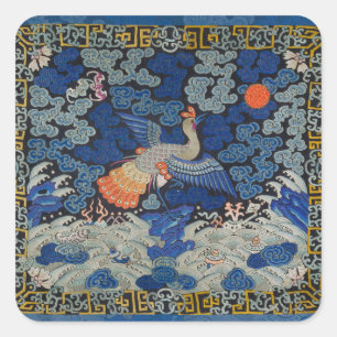 Adesivo Quadrado Padrão de Grou Chinês Vintage: Azul Imperial