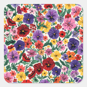 Adesivo Quadrado Padrão de Jardim Floral de Pensamentos Vibrantes d