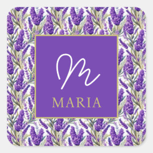 Adesivo Quadrado Padrão de Lavanda Roxo Incrível Monograma