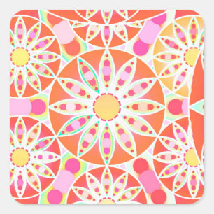 Adesivo Quadrado Padrão de mandala, vermelho de coral, rosa, ouro