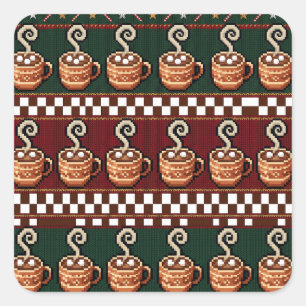 Adesivo Quadrado Padrão de Natal de Cacau Quente em Pixel Art