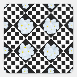 Adesivo Quadrado Padrão de Pansy Verificado em Preto e Branco