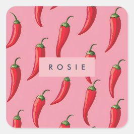 Adesivo Quadrado Padrão de Pimenta Vermelha Picante em Fundo Rosa
