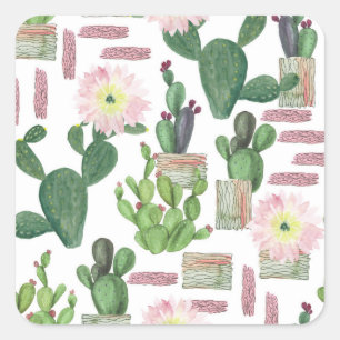 Adesivo Quadrado Padrão de pintura sem costura do Cactus Watercolor