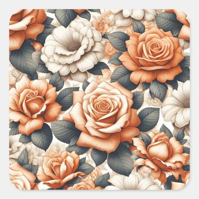 Adesivo Quadrado Padrão de Rosa Branca e Laranja Sem Costura (Frente)