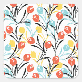 Adesivo Quadrado Padrão de Tulipas Vibrante Design Floral em Branco