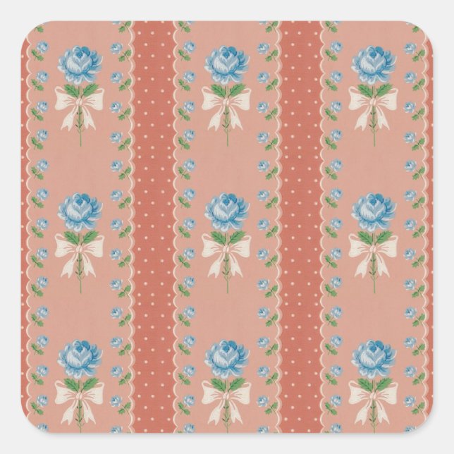 Adesivo Quadrado Padrão de wallpaper de pontos de coral Rosas azuis (Frente)