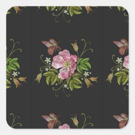 Adesivo Quadrado Padrão do bordado floral elegante em preto