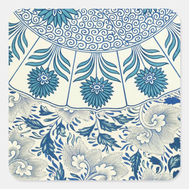 Adesivo Quadrado Padrão Floral Azul Design Asiático Antiquado (Frente)