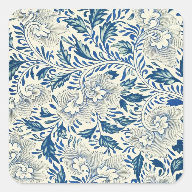 Adesivo Quadrado Padrão Floral Azul Design Asiático Antiquado (Frente)