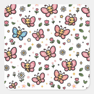 Adesivo Quadrado Padrão Floral Borboleta Fofa Kawaii Sem Costura