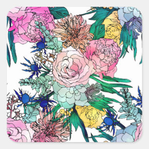 Adesivo Quadrado Padrão Floral de Aquarela Na moda Colorida