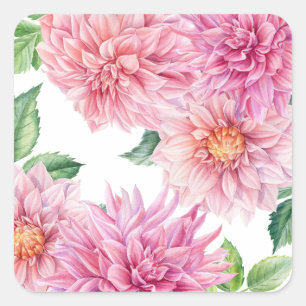 Adesivo Quadrado Padrão Floral de Dália em Aquarela Rosa Corado