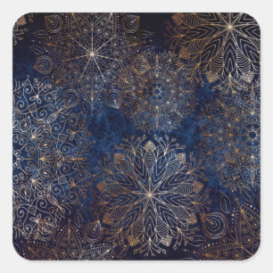 Adesivo Quadrado Padrão Floral de Mandala Azul Escuro e Dourado el