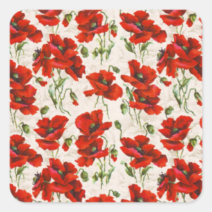 Adesivo Quadrado Padrão Floral de Papoula Vermelha Vintage Arte Bot