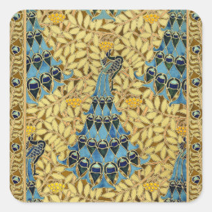 Adesivo Quadrado Padrão Floral de Pavão Azul Art Nouveau Antigo