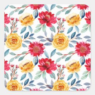 Adesivo Quadrado Padrão Floral em Aquarela Alegre em Rosa Amarela