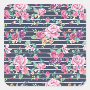 Adesivo Quadrado Padrão Floral em Rosas de Stripe Púrpura Rosa