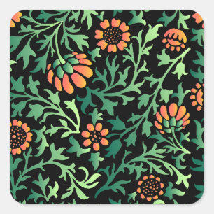 Adesivo Quadrado Padrão Floral Intricado com Folhas Verdes