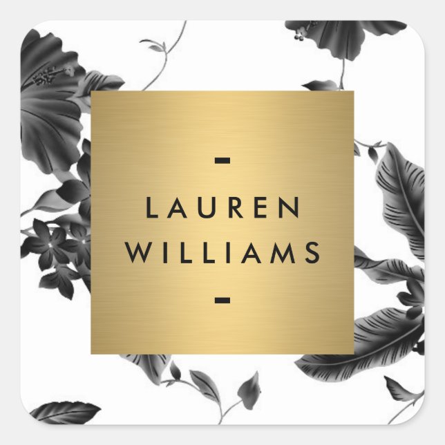 Adesivo Quadrado Padrão Floral Preto Vintage Personalizado (Frente)