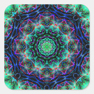 Adesivo Quadrado Padrão Fractal Mandala Azul-Turquesa