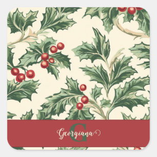 Adesivo Quadrado Padrão Monograma de Holly & Berries Natais vintage