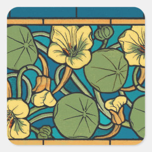 Adesivo Quadrado Padrão Nouveau da Flor Nasturtium Amarelo Azul