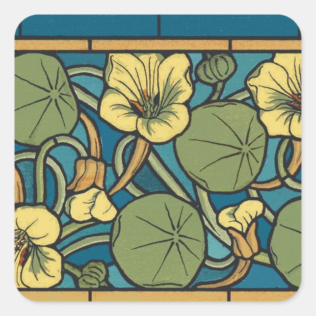 Adesivo Quadrado Padrão Nouveau da Flor Nasturtium Amarelo Azul (Frente)