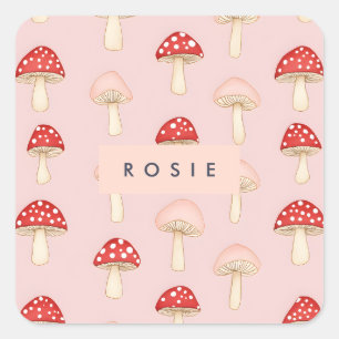 Adesivo Quadrado Padrão Personalizado de Cogumelo Vermelho Rosa-Ros